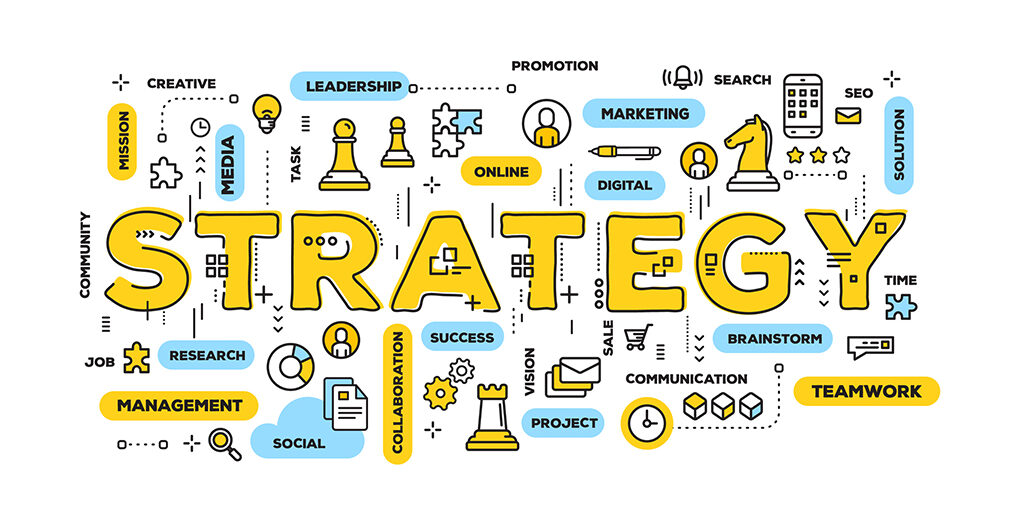 Vector creative illustration of strategy yellow word lettering t